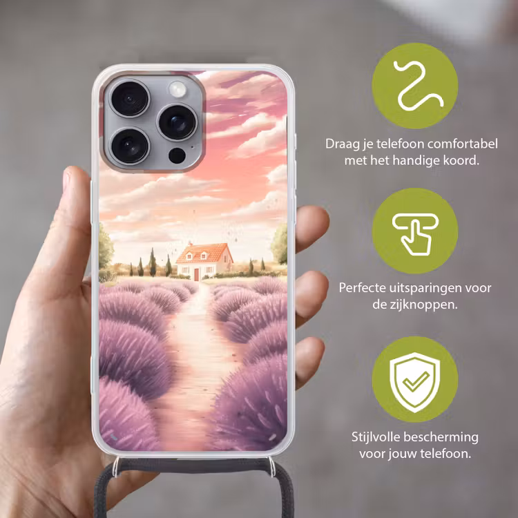Telefoonhoesje met koord - Lavendelveld - Huis - Paars — 4