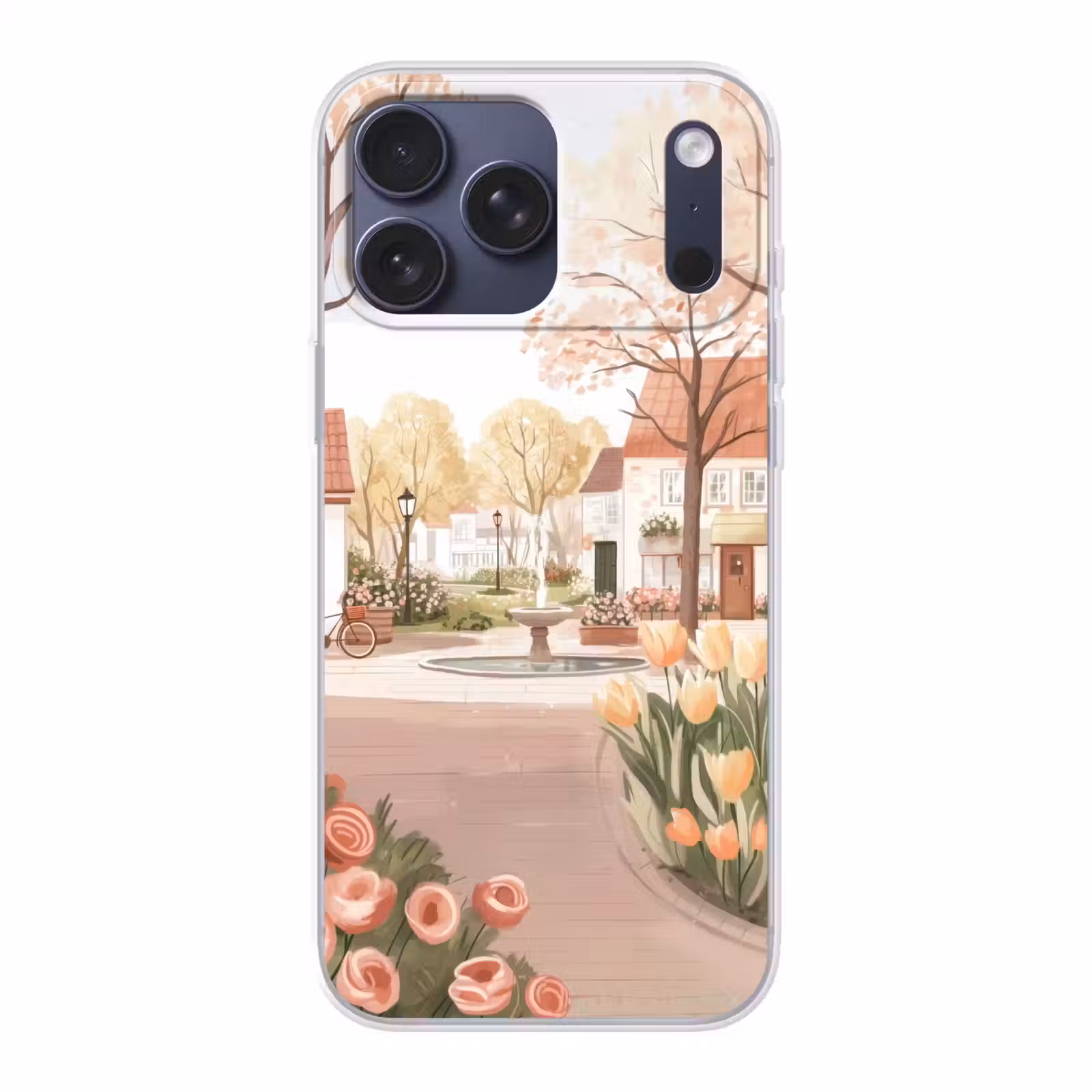 Telefoonhoesje Softcase - Dorpsplein - Fontein - Tulpen — 1