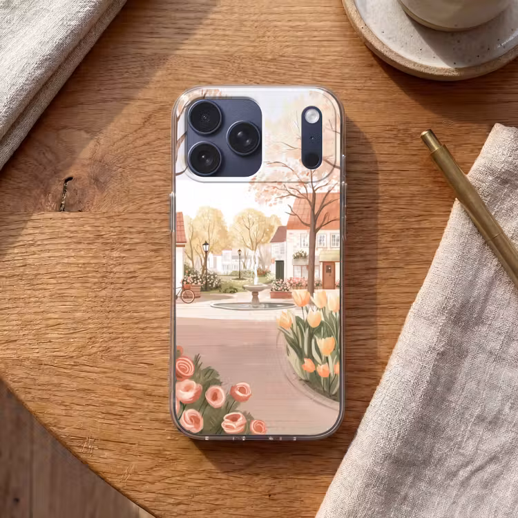 Telefoonhoesje Softcase - Dorpsplein - Fontein - Tulpen — 2