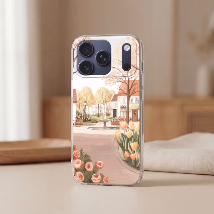 Telefoonhoesje Softcase - Dorpsplein - Fontein - Tulpen — 3