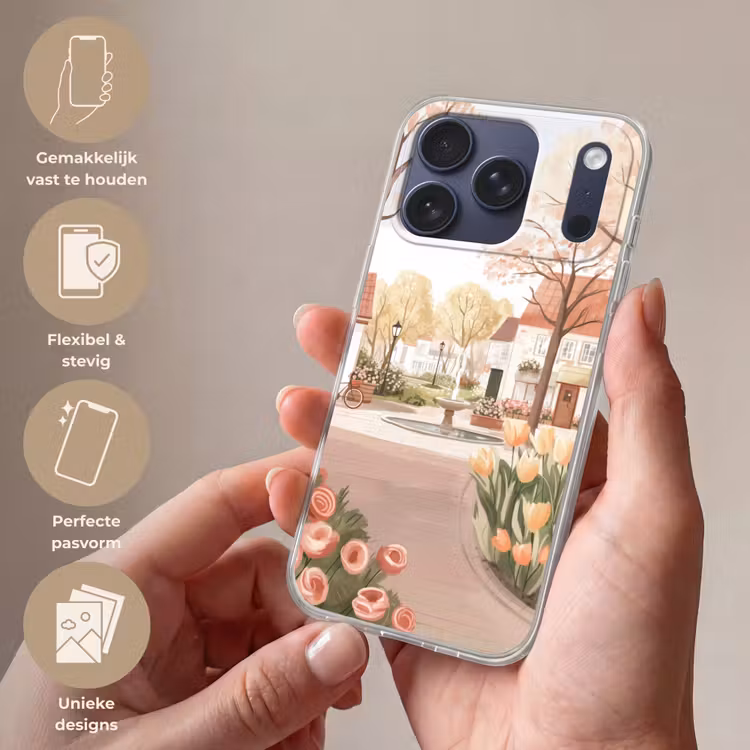 Telefoonhoesje Softcase - Dorpsplein - Fontein - Tulpen — 4