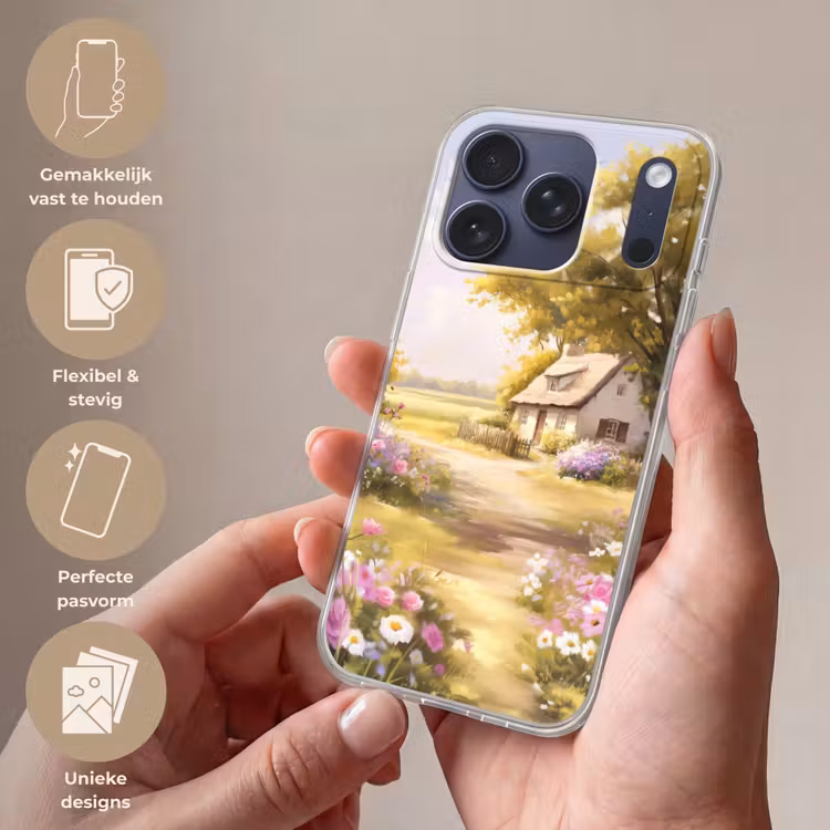 Telefoonhoesje Softcase - Huisje - Hout - Bloemen — 4