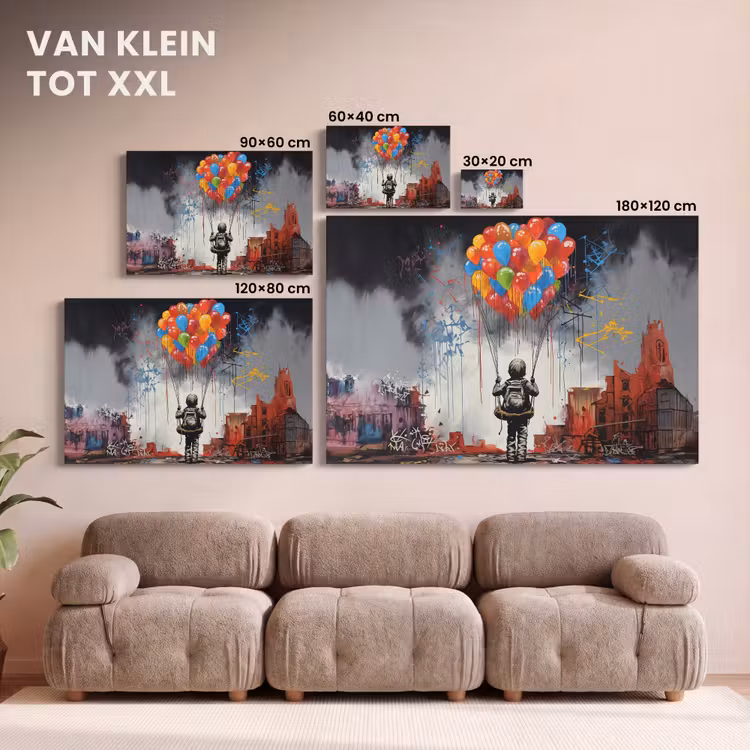 Canvas schilderij - Jongen - Ballonnen - Gebouwen - Kunst — 8