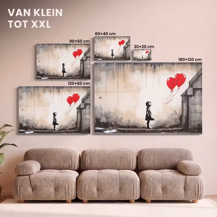 Canvas schilderij - Kunst - Meisje - Ballonnen - Hart - Grijs — 8