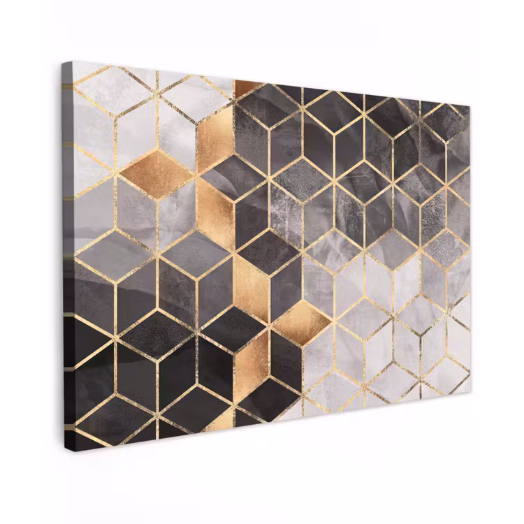 Canvas schilderij - Abstract - Kubus - Goud - Patronen - Zwart - Wit — 1