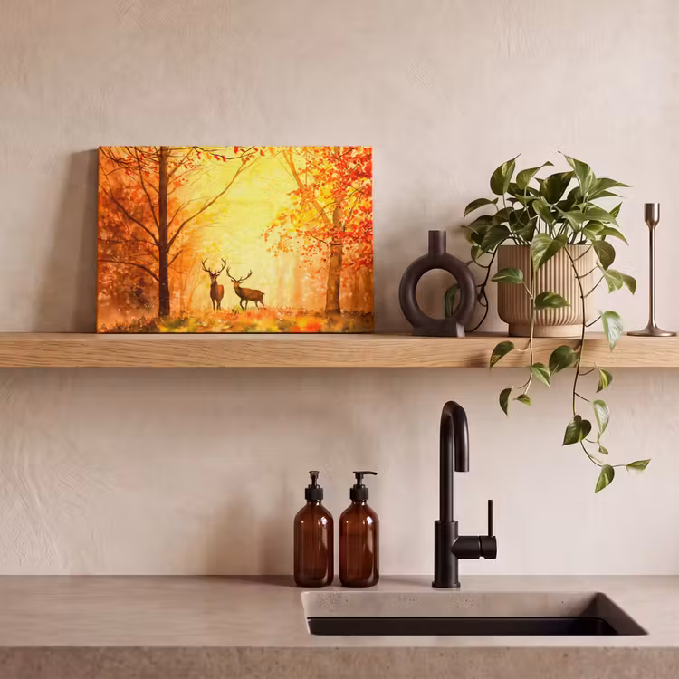 Canvas schilderij - Natuur - Olieverf - Hert - Dieren - Herfst - Oranje — 4