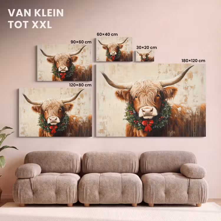 Canvas schilderij - Kerst - Schotse Hooglander - Bruin - Krans — 8