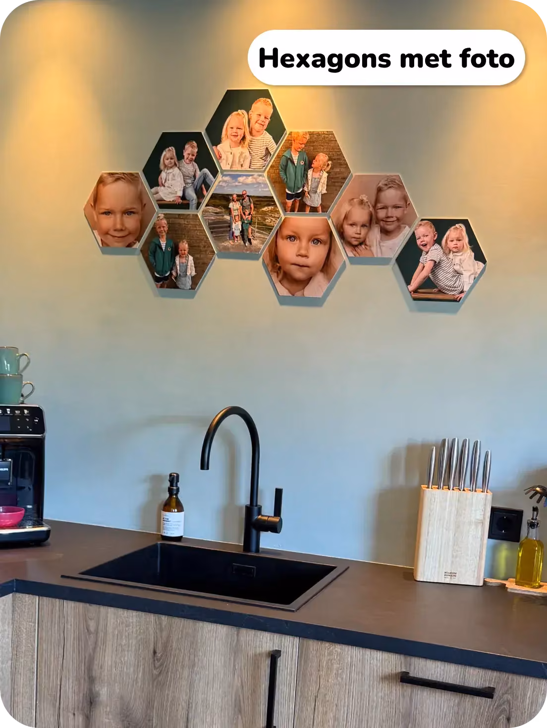 Hexagon foto's in keuken