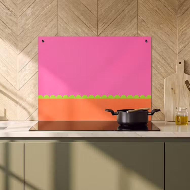 Inductie beschermer en spatscherm (2in1) - Abstract - Geometrisch - Kleurblokken - Roze - Oranje — 2