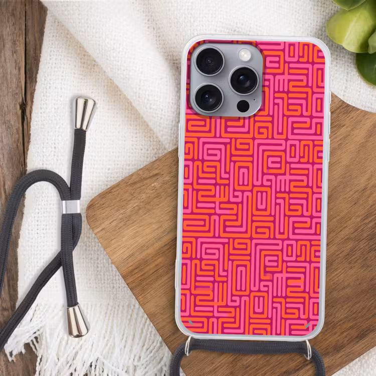 Telefoonhoesje met koord - Abstract - Patroon - Lijnen - Roze - Oranje — 3