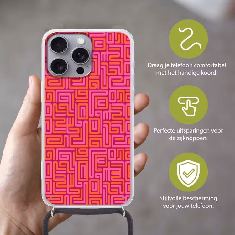Telefoonhoesje met koord - Abstract - Patroon - Lijnen - Roze - Oranje — 4