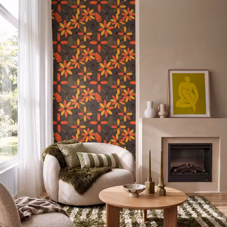 Behang - Oranje - Retro - Bloemen - Herfst — 1