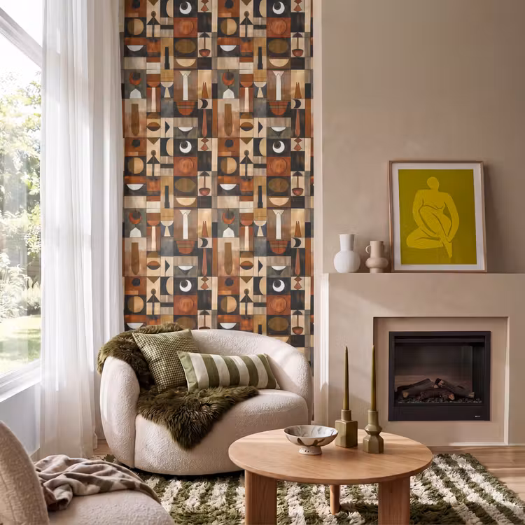 Behang - Terracotta - Geometrisch - Mid-Century - Patroon — 1