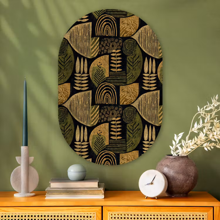 Muurovaal - Glas - Zwart - Okergeel - Botanisch - Textuur — 2