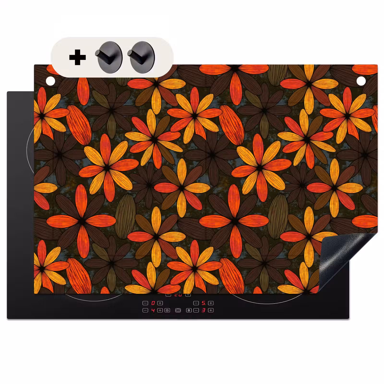 Inductie beschermer en spatscherm (2in1) - Oranje - Retro - Bloemen - Herfst — 1