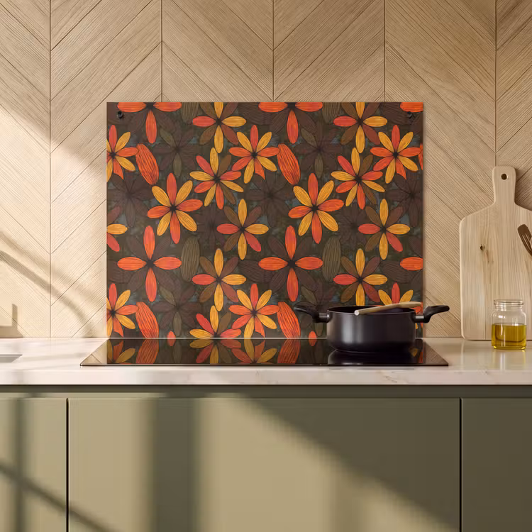 Inductie beschermer en spatscherm (2in1) - Oranje - Retro - Bloemen - Herfst — 2