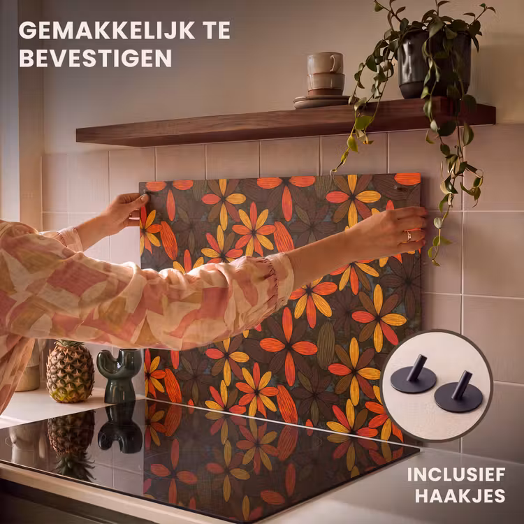 Inductie beschermer en spatscherm (2in1) - Oranje - Retro - Bloemen - Herfst — 7