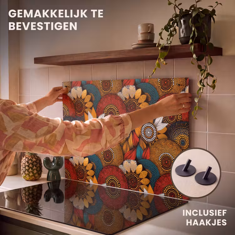 Inductie beschermer en spatscherm (2in1) - Kleurrijk - Aboriginal - Dot Painting - Botanisch - Patroon — 7