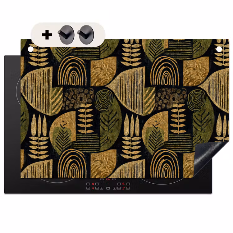 Inductie beschermer en spatscherm (2in1) - Zwart - Okergeel - Botanisch - Textuur — 1