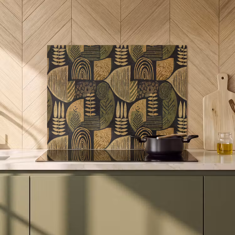 Inductie beschermer en spatscherm (2in1) - Zwart - Okergeel - Botanisch - Textuur — 2