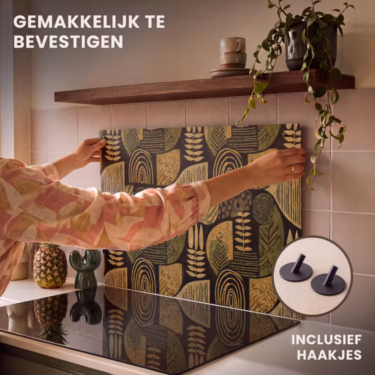 Inductie beschermer en spatscherm (2in1) - Zwart - Okergeel - Botanisch - Textuur — 7