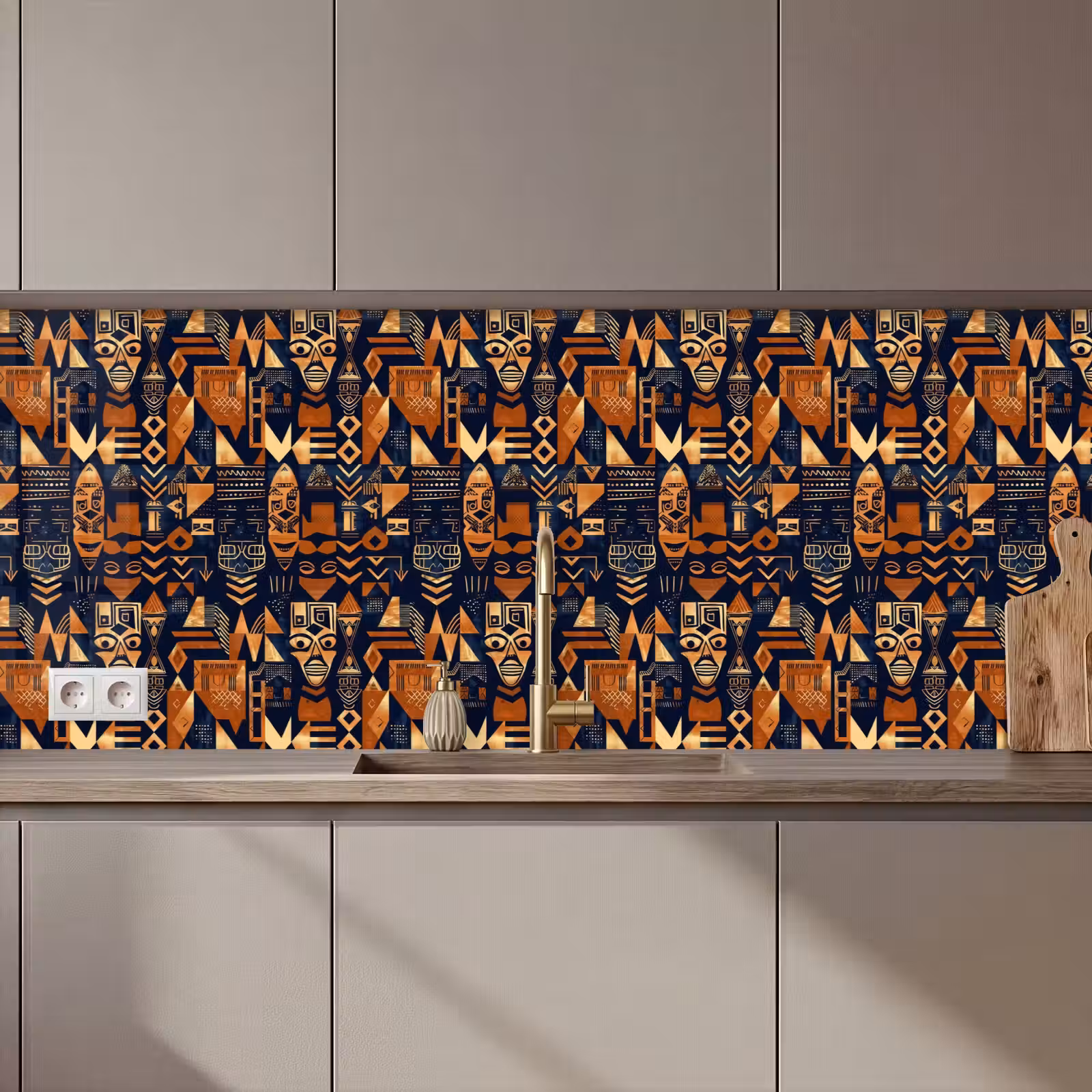 Keuken achterwand - Nachtblauw - Koper - Tribaal - Maskers — 1