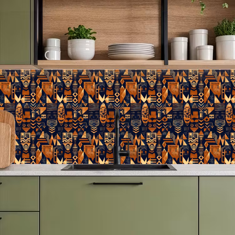 Keuken achterwand - Nachtblauw - Koper - Tribaal - Maskers — 5