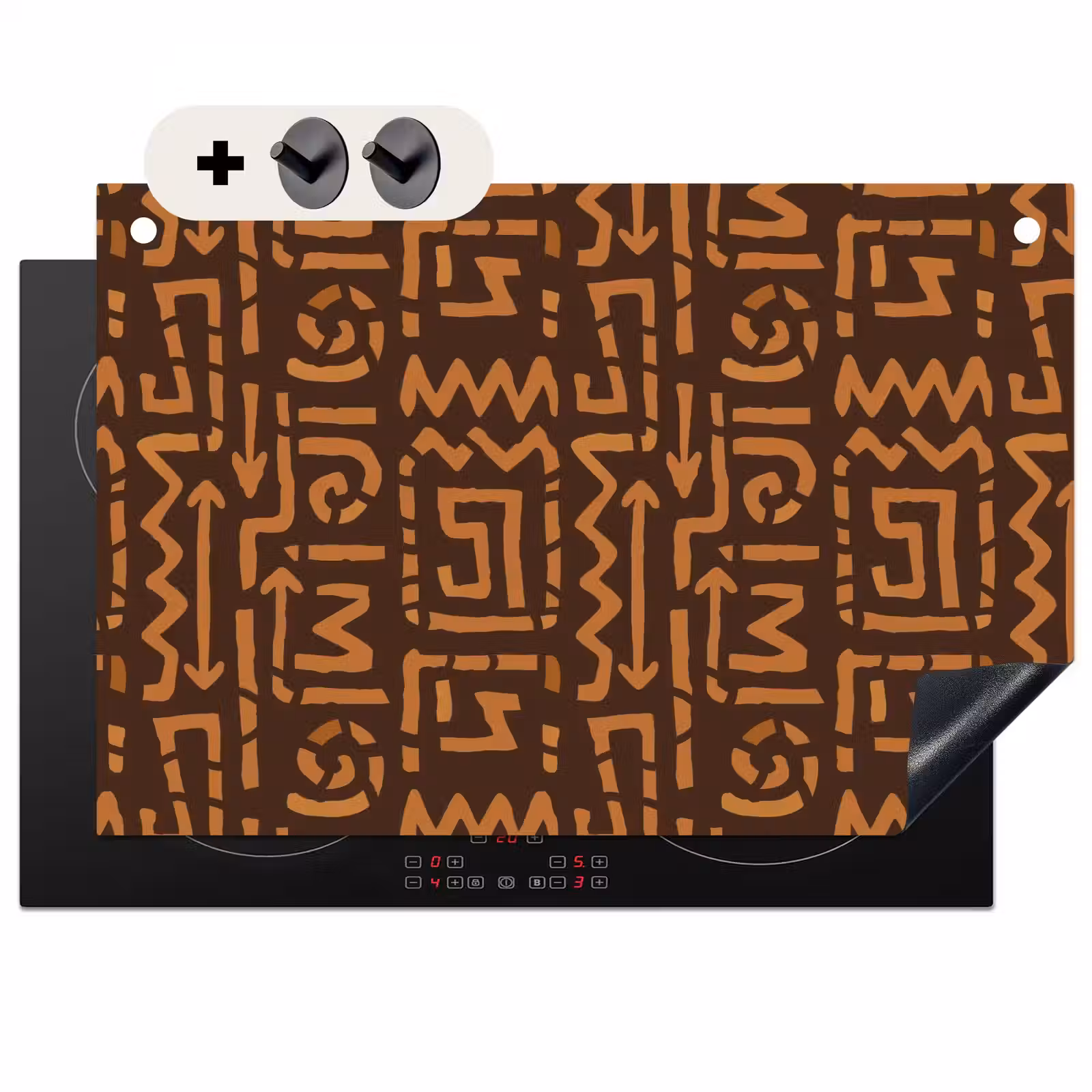 Inductie beschermer en spatscherm (2in1) - Chocoladebruin - Etnisch - Tribaal - Symbolen — 1
