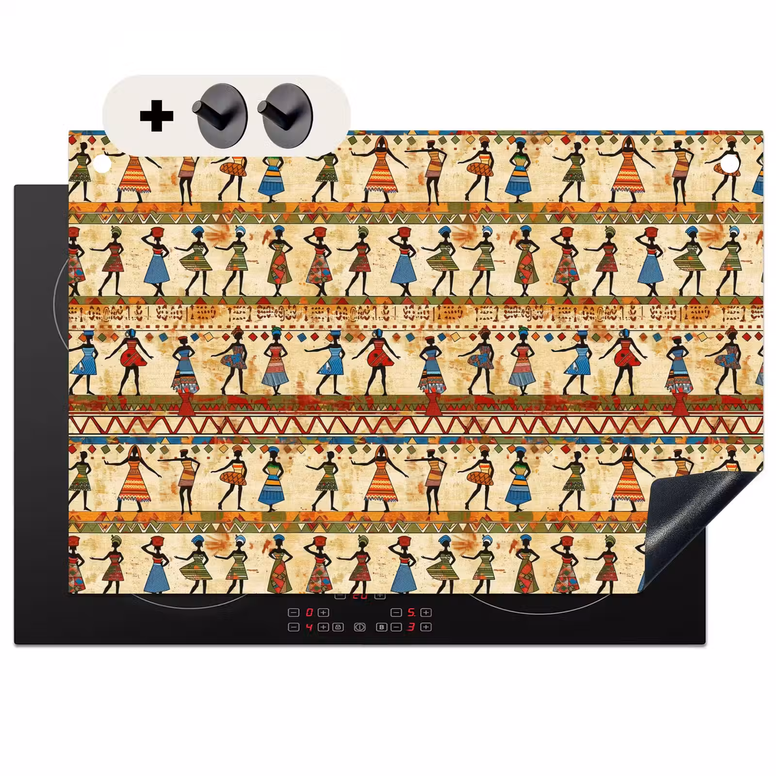 Inductie beschermer en spatscherm (2in1) - Kleurrijk - Afrikaans - Etnisch - Dansende Vrouwen - Patroon — 1