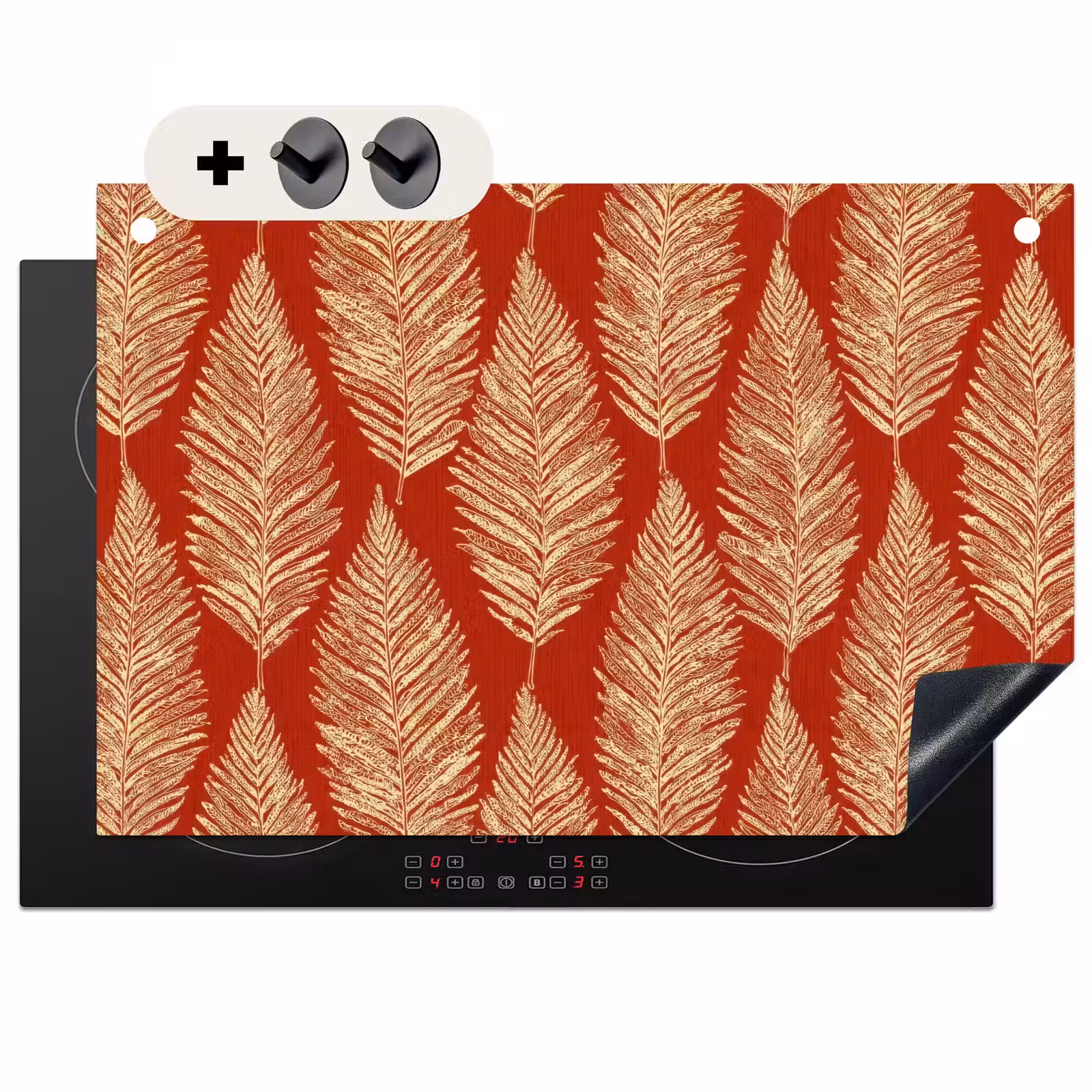 Inductie beschermer en spatscherm (2in1) - Rood - Botanisch - Varen - Patroon — 1