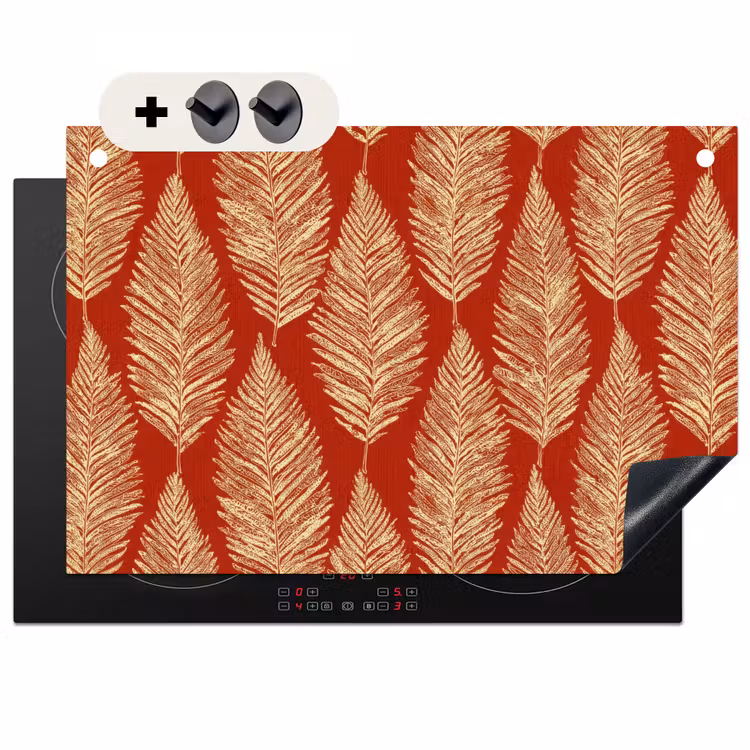 Inductie beschermer en spatscherm (2in1) - Rood - Botanisch - Varen - Patroon — 1