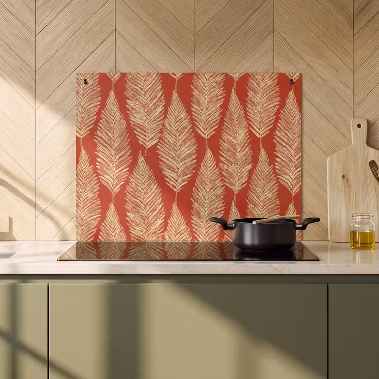 Inductie beschermer en spatscherm (2in1) - Rood - Botanisch - Varen - Patroon — 2