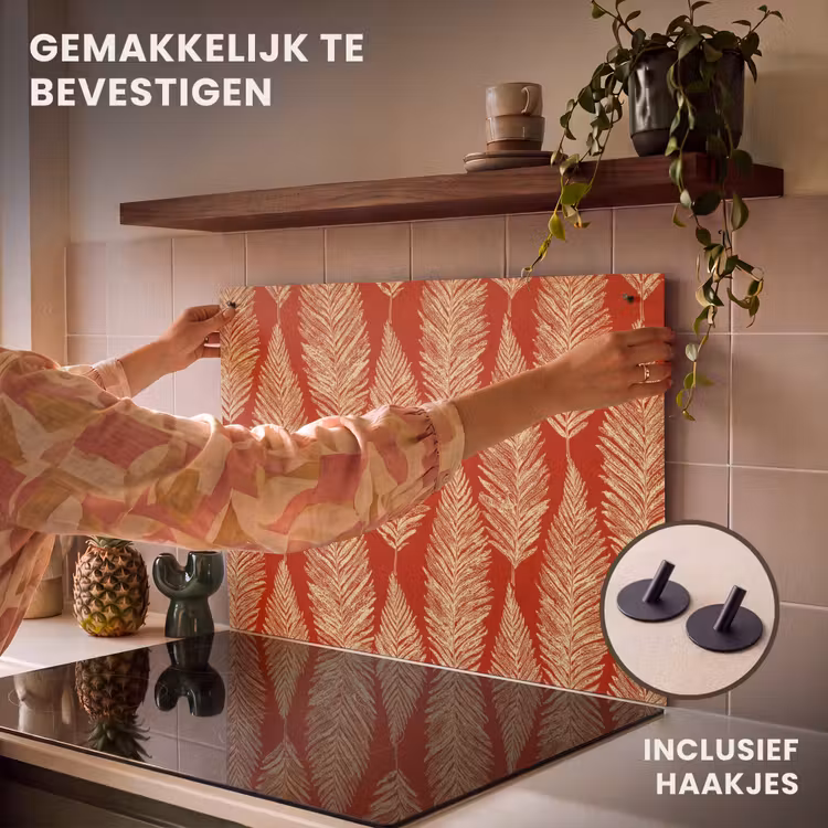 Inductie beschermer en spatscherm (2in1) - Rood - Botanisch - Varen - Patroon — 7