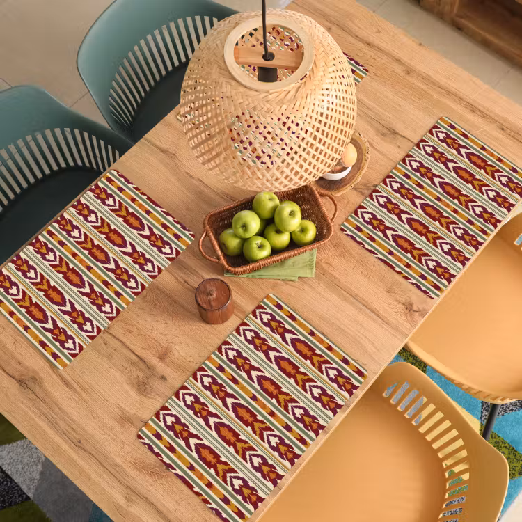 Placemat - 6 stuks - Ikat - Bordeauxrood - Etnisch - Patroon — 6