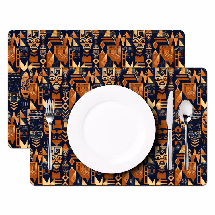 Placemat - 6 stuks - Nachtblauw - Koper - Tribaal - Maskers — 2