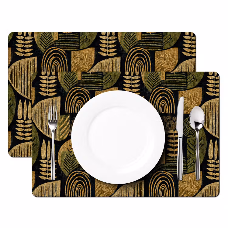 Placemat - 6 stuks - Zwart - Okergeel - Botanisch - Textuur — 2