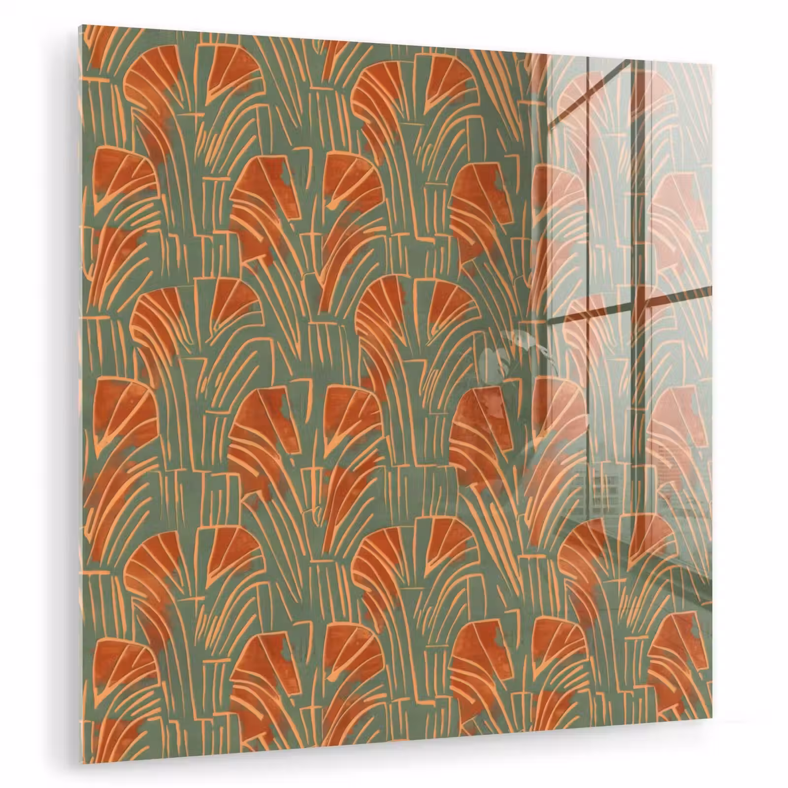 Glas schilderij - Groen - Terracotta - Deco - Waaiers — 1