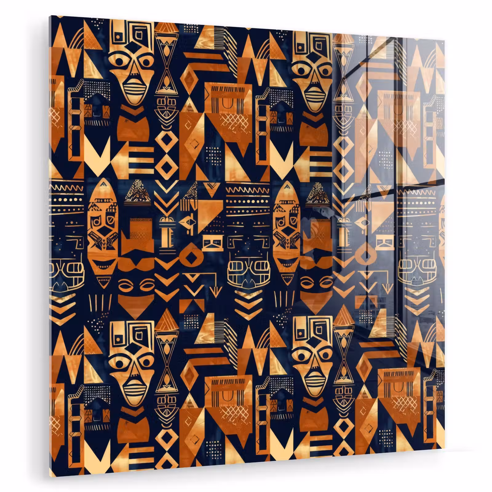 Glas schilderij - Nachtblauw - Koper - Tribaal - Maskers — 1