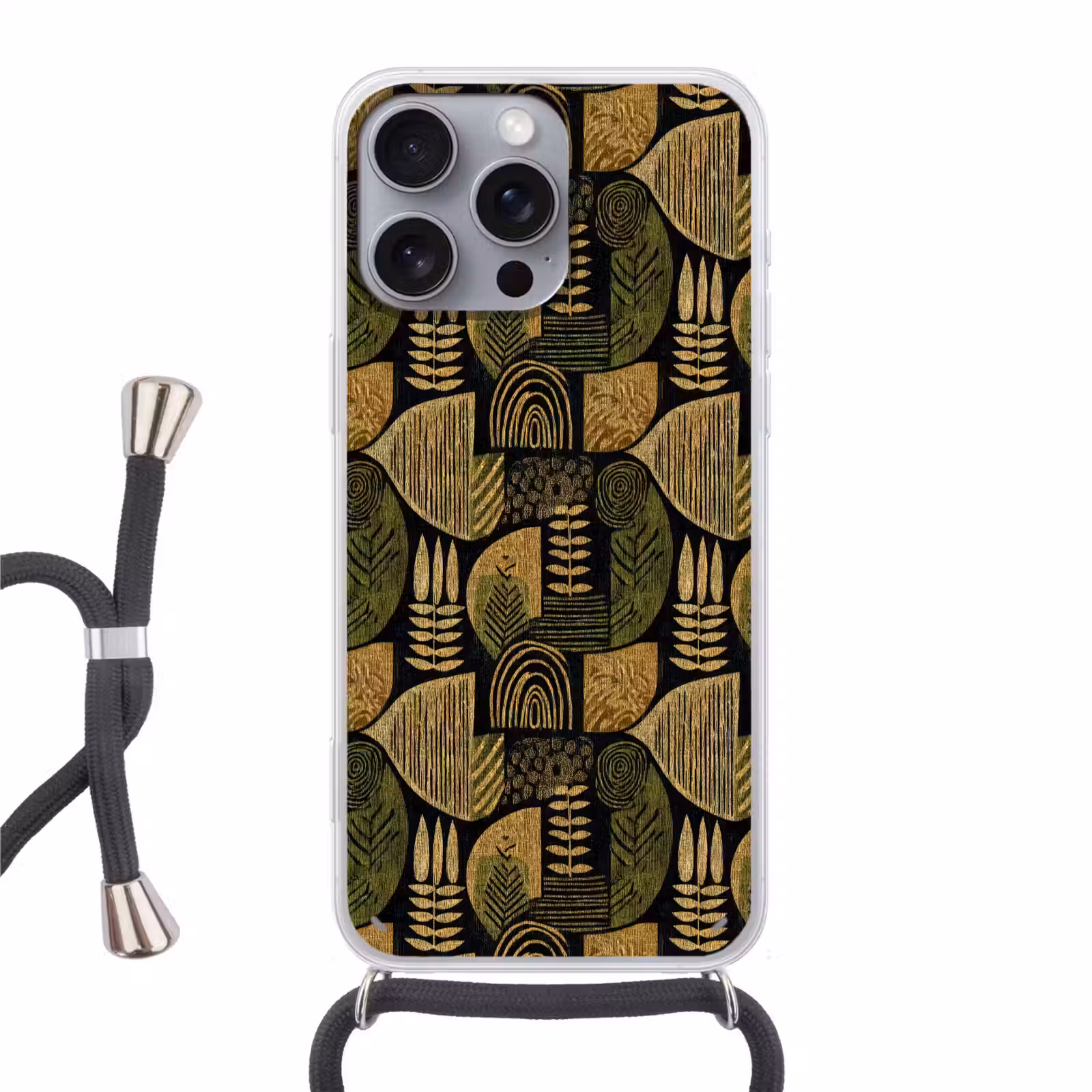 Telefoonhoesje met koord - Zwart - Okergeel - Botanisch - Textuur — 1