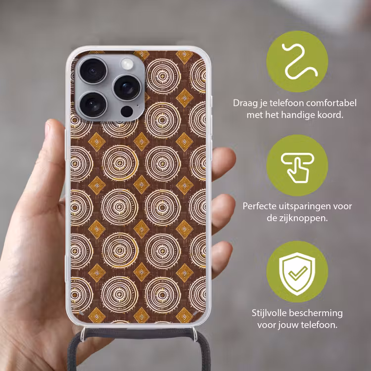 Telefoonhoesje met koord - Chocoladebruin - Etnisch - Tribaal - Cirkels - Patroon — 4