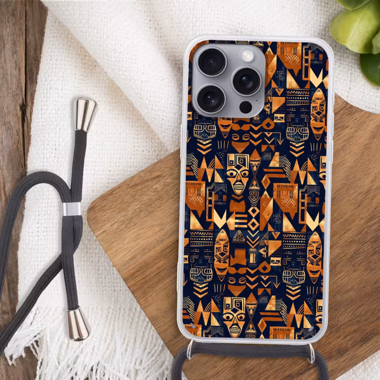 Telefoonhoesje met koord - Nachtblauw - Koper - Tribaal - Maskers — 3