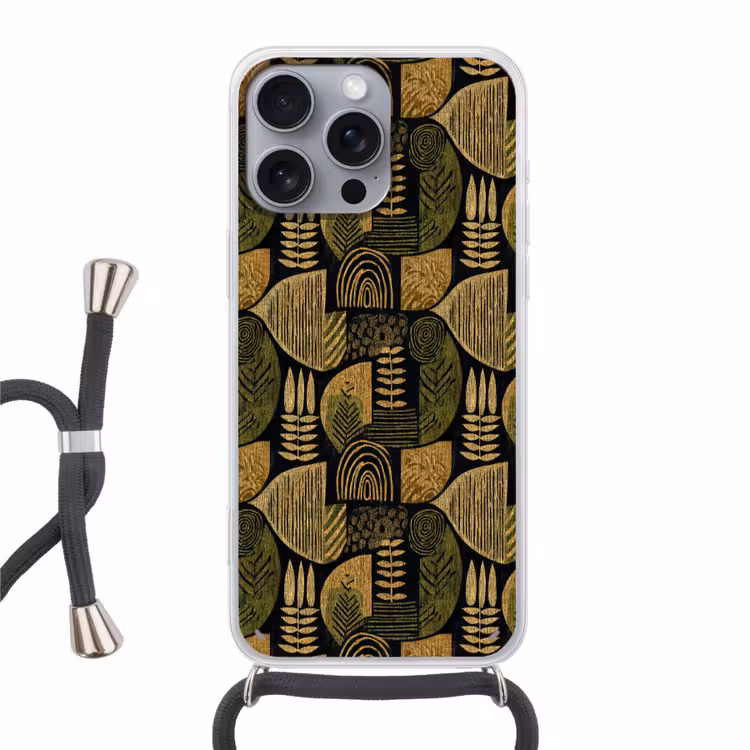 Telefoonhoesje met koord - Zwart - Okergeel - Botanisch - Textuur — 1