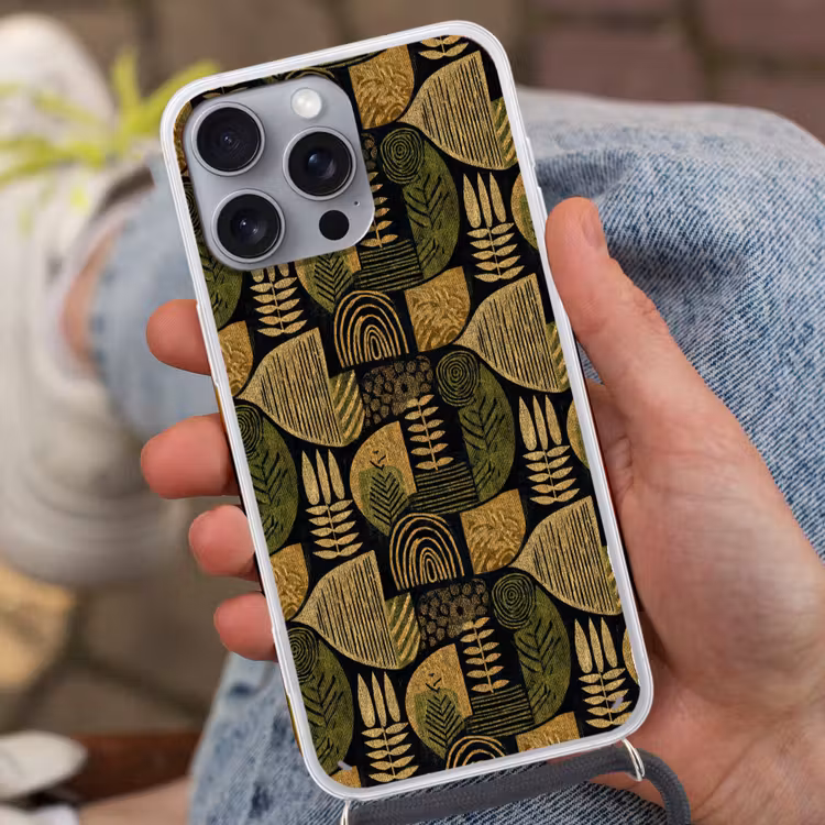 Telefoonhoesje met koord - Zwart - Okergeel - Botanisch - Textuur — 2