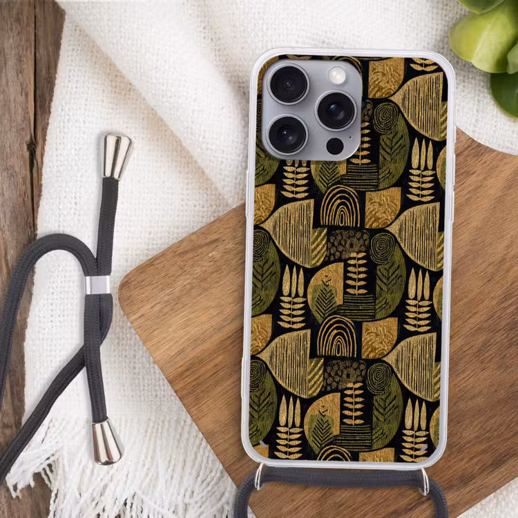Telefoonhoesje met koord - Zwart - Okergeel - Botanisch - Textuur — 3