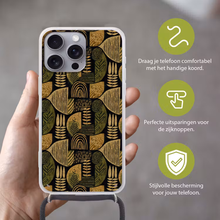 Telefoonhoesje met koord - Zwart - Okergeel - Botanisch - Textuur — 4
