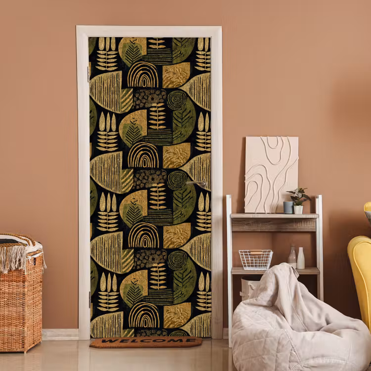 Deursticker - Zwart - Okergeel - Botanisch - Textuur — 2