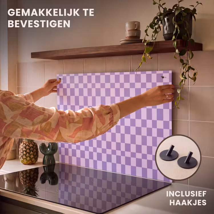 Inductie beschermer en spatscherm (2in1) - Paars - Geometrisch - Dambord - Blokken - Patroon — 7
