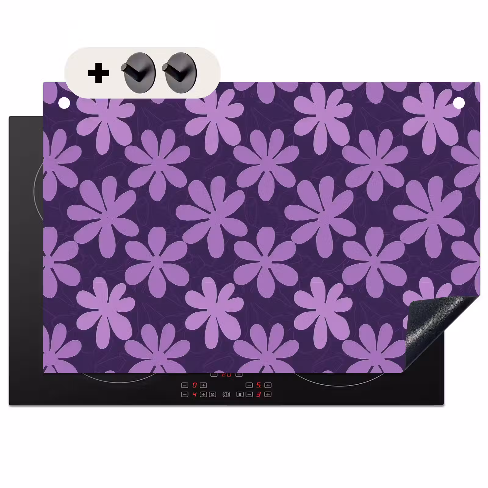 Inductie beschermer en spatscherm (2in1) - Paars - Botanisch - Bloemen - Retro - Patroon — 1