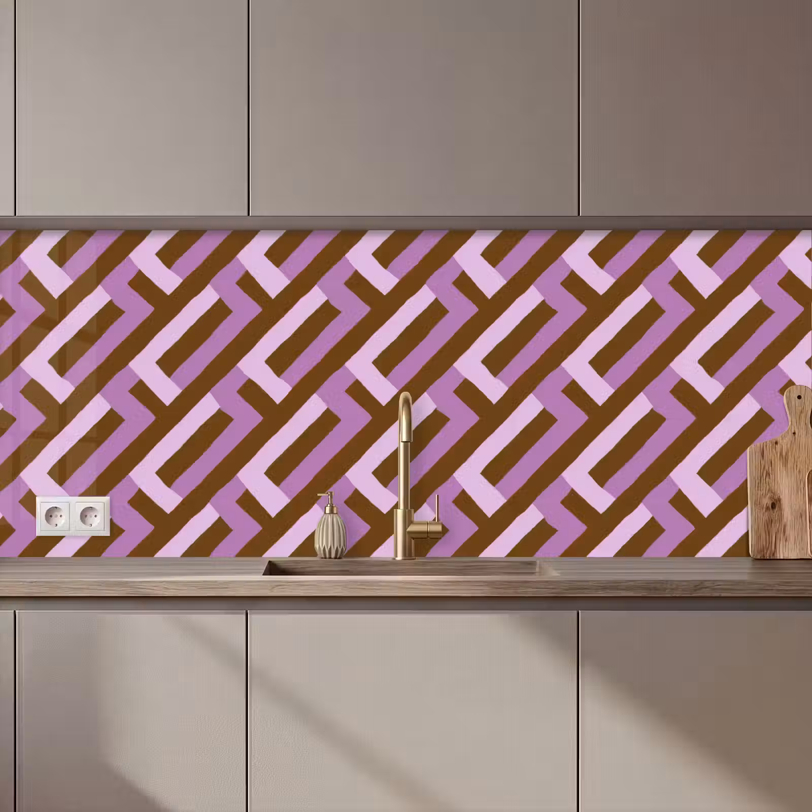Keuken achterwand - Bruin - Roze - Geometrisch - Meander - Patroon — 1