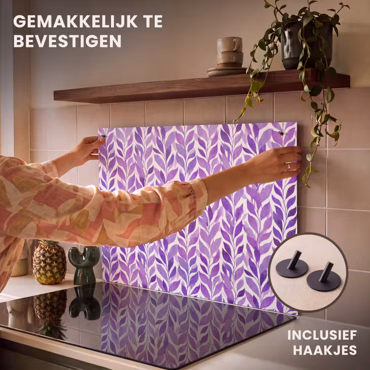 Inductie beschermer en spatscherm (2in1) - Paars - Botanisch - Bladeren - Aquarel - Takken - Patroon — 7